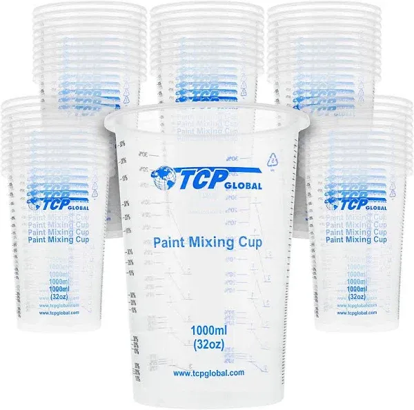 TCP Global 32 Ounce (1000ml) Disposable Flexible Clear Graduated Plastic Mixing Cup