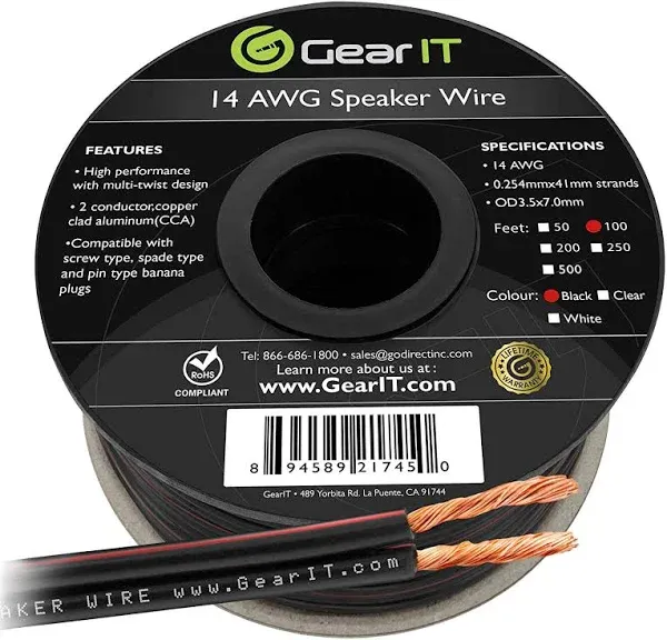 GearIT 14awg Speaker Wire, Pro Series 14 Gauge Speaker Wire Cable Great Use for Home Theater Speakers and Car Speakers