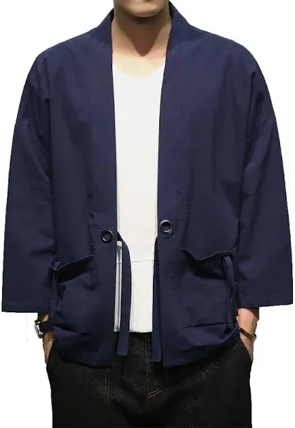 Men's Cotton Blends Linen Open Front Cardigan Embroidery Kimono Jackets