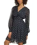 Petites Womens Chiffon Polka Dot Fit & Flare Dress