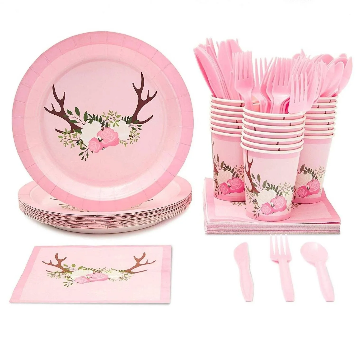 144 Piece Oh Deer Party Decorations for Girl Baby Shower, Woodland Theme Plates ...