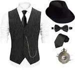 1920s Mens Costume Fedora Hat,Gatsby Gangster Vest,Vintage Pocket Watch,Pre Tied