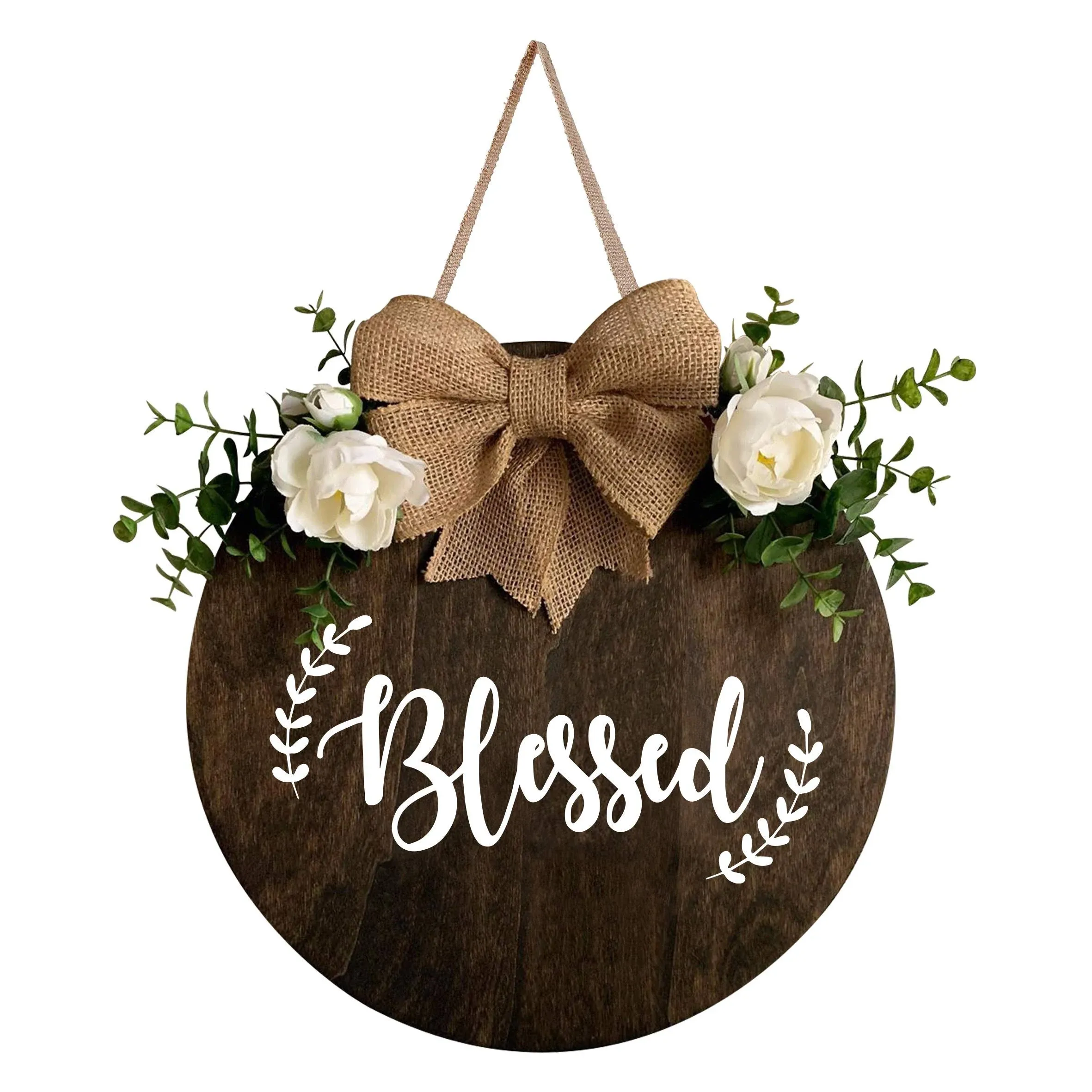 MayAvenue Blessed Wreaths Decor Sign Front Door, Round Wood Hanging Sign with Ribbon Bow and Artificial Green Leaves, Farmhouse Porch Decorations for Home Thanksgiving, Brown