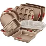 10-Piece Nonstick Bakeware Set, Brown with Red Handles