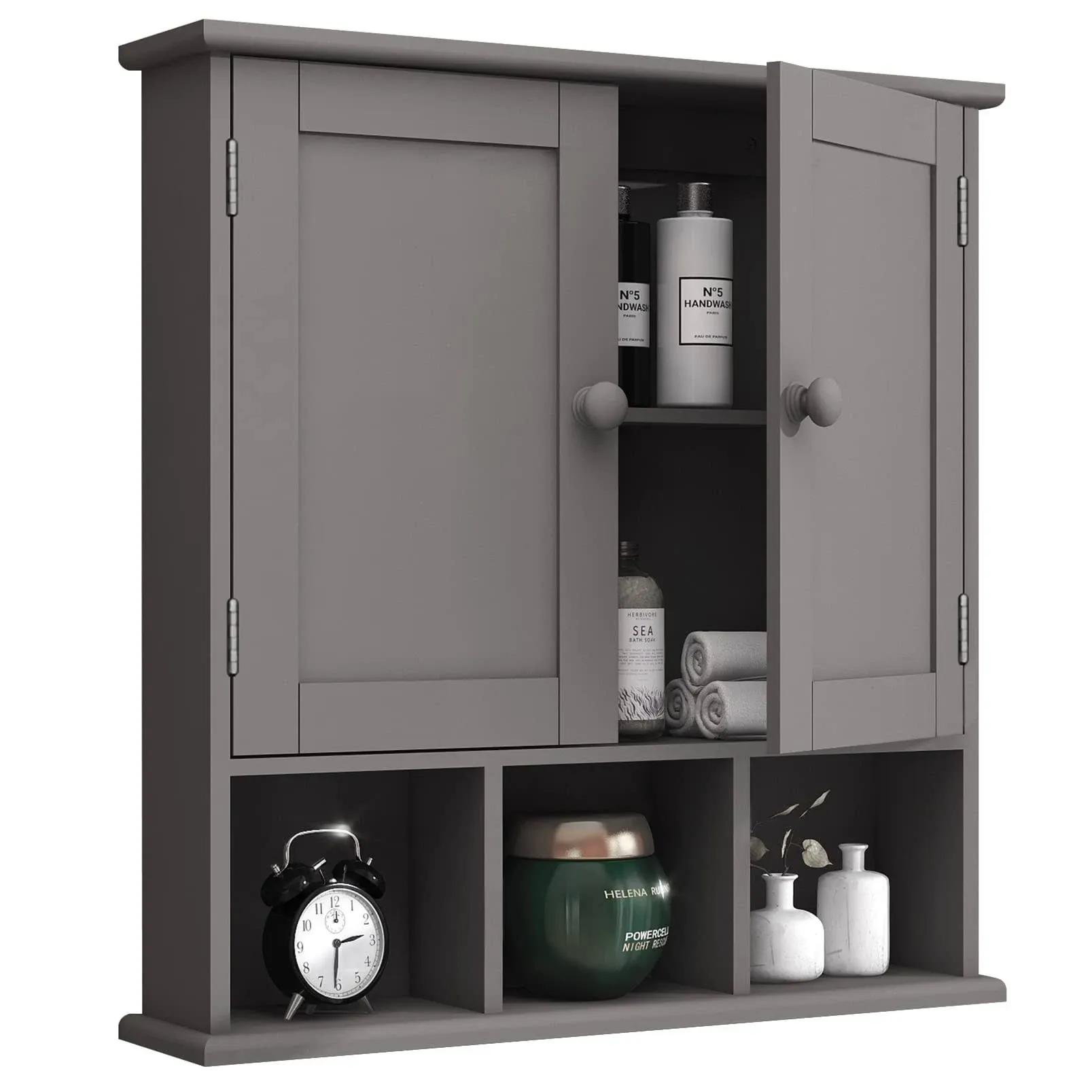 Cabinet Storage Organizer Bathroom Wall Mount Medicine Shelf Double Door Wooden