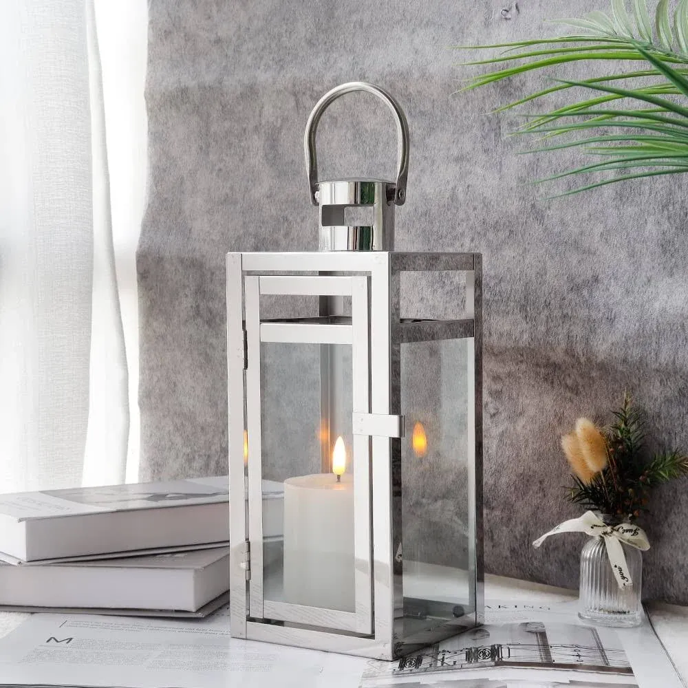 Stainless Steel Decorative Lantern 12&#039;&#039; High Metal Hanging Lantern with Clear...