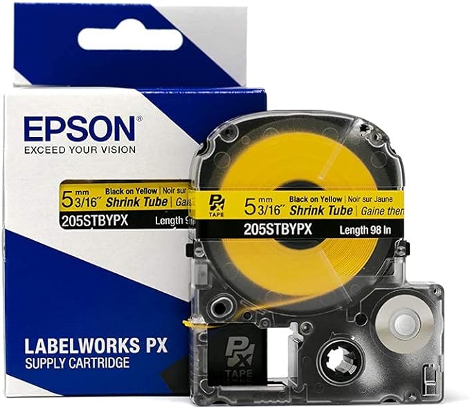 Epson LABELWORKS 205STBYPX Tape Cartridge - Black on Yellow Shrink Tube Industrial Label Maker Tape - AWG 8-12, 3/16" (5MM) Wide, 8 ft (96")