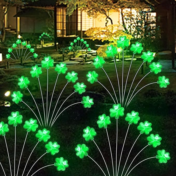 St Patricks Day Outdoor Decorations Solar Shamrocks Lights, 2Pack 16Led Green 