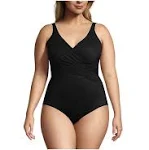 Lands' End Women's Plus Size DDD-Cup SlenderSuit Tummy Control Chlorine Resistant Wrap One Piece Swimsuit - Black