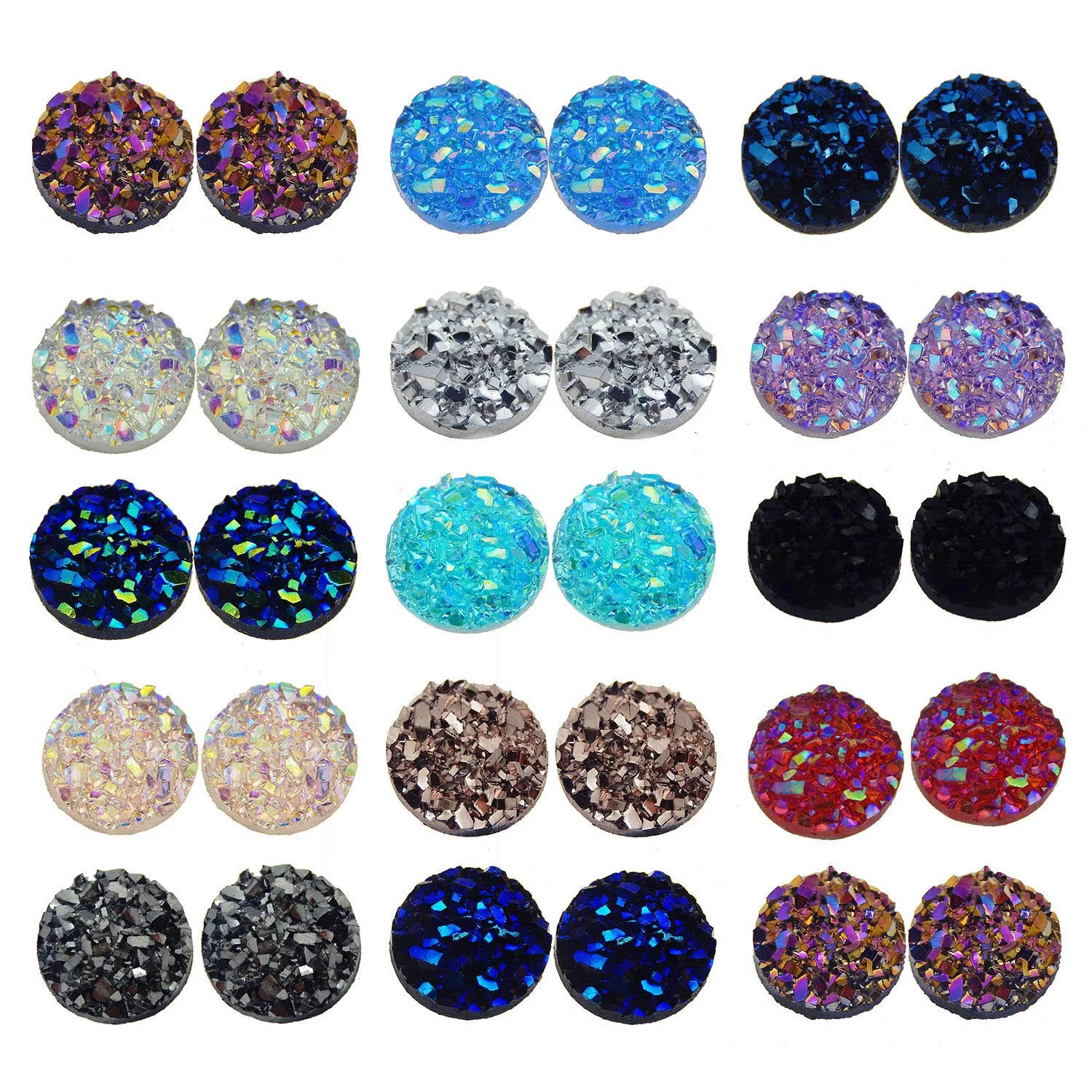 300Pcs 12mm Resin Round Faux Drusy Cabochons Flat Back Cameo Beads Craft Jewe...