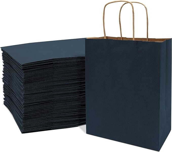 Prime Line Packaging 10x5x13 50 Pack Navy Blue Gift Bags with Handles, Medium Size Craft Bags for Small Business, Retail, Boutique, Merchandise, Bulk