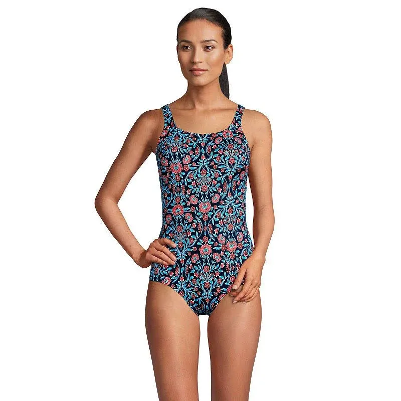 Lands' End Women's Scoop Neck Tugless Sporty One Piece Swimsuit