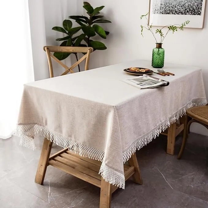 DriftAway Pom Pom Tassel Rectangle Linen Textured Decorative Table Cloth for Indoor Outdoor Dining Buffet Table Parities Dinner 55 Inch by 120 Inch Beige