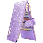 WOMENS RFID Blocking Glitter Leather Multi Card Purple Glitter