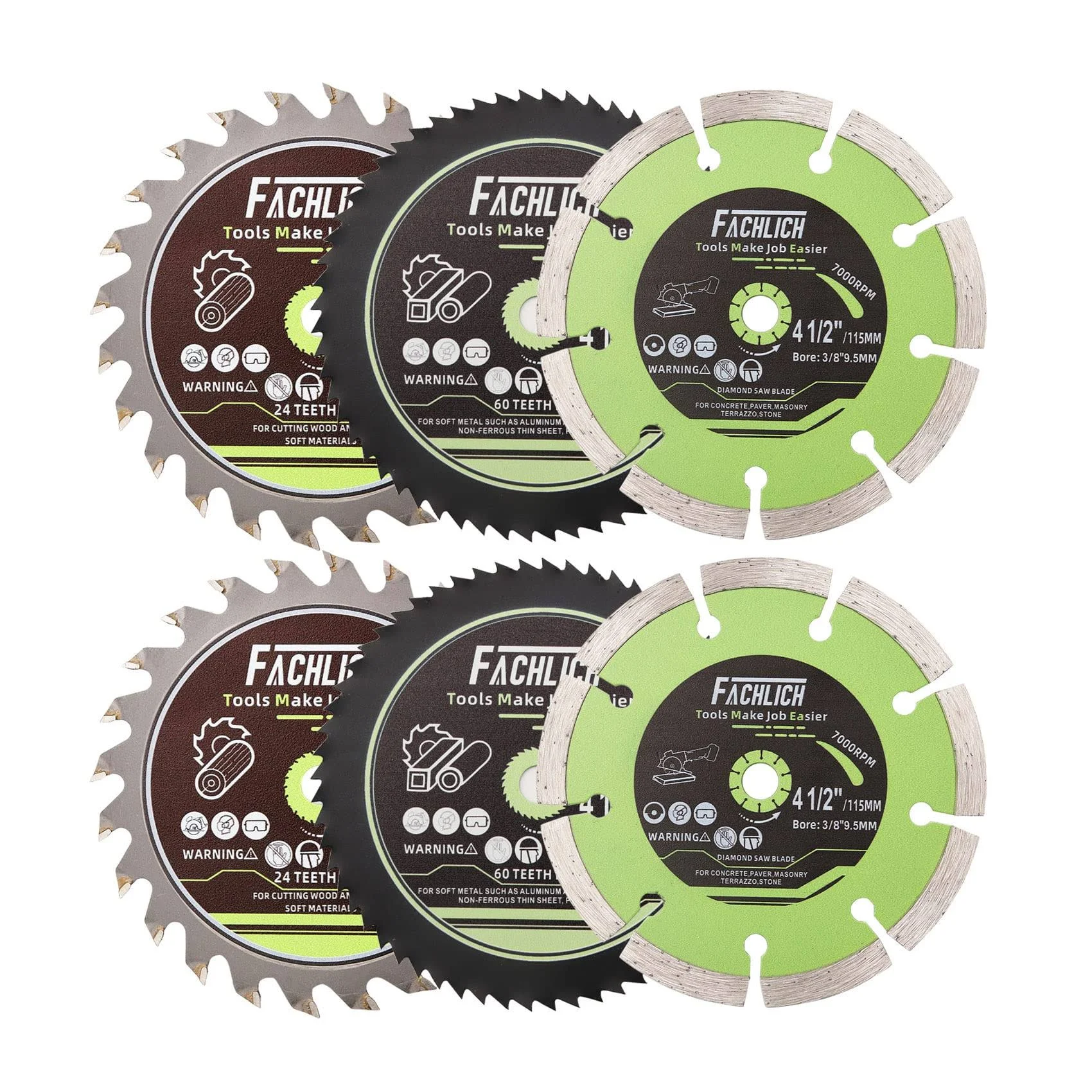 4-1/2" Circular Saw Blades Set,6pcs HSS/TCT/Diamond Saw Blades for Cutting Wood Metal Plastic Tile 3/8 inch Arbor