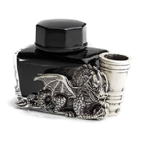 Glass Inkwell with Dragon & Pewter Pen Holder - Black Ink