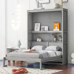 Harper & Bright Designs Full Size Murphy Bed with Shelves, Easy Fold Wood Wall Bed, Space-Saving Murphy Bed Cabinet Full for Guest Room Home Office,Grey