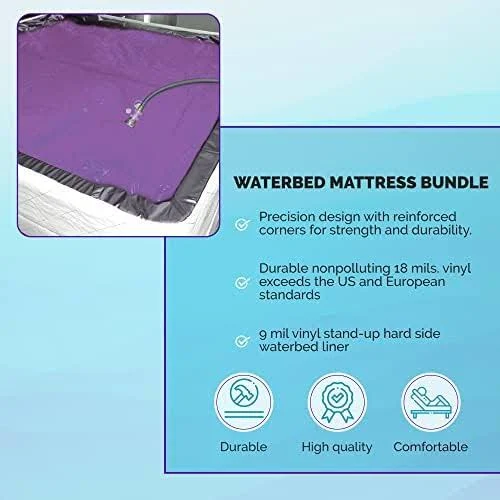 WAVELESS 90%, Waterbed Hardside Mattress Bundle, Includes Fill & Drain Kit, 8oz. Water Conditioner and Stand-Up Liner, Heavy Duty Vinyl, 60"W x 84"L x 9"H Size Queen, Bed Frame Not Included.