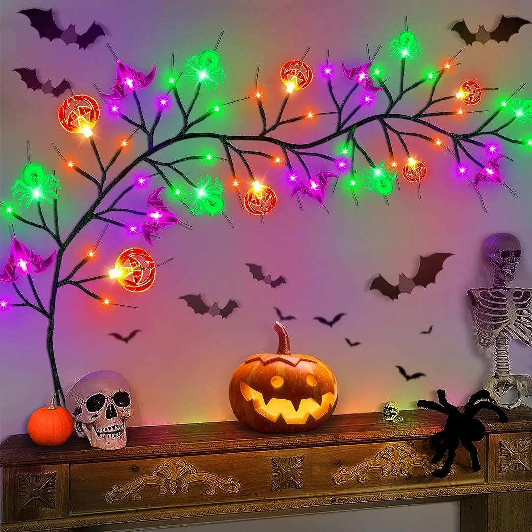 [Timer] Halloween Lights 6 FT 54 LED Halloween Decor Willow Vine with Pumpkin Bat Spider Light, 8 Modes Battery Operated Halloween Garland Spooky Halloween Decorations Indoor Outdoor Home Wall Table