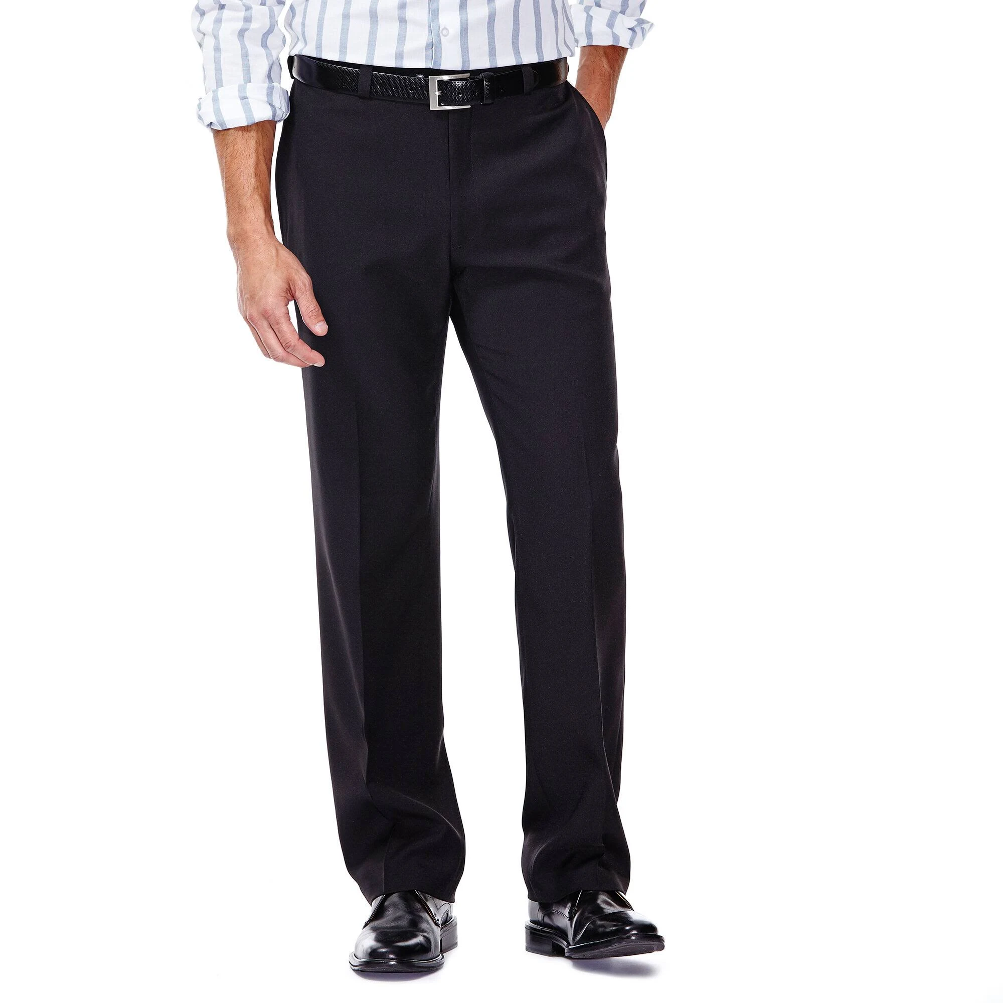 Haggar Eclo Stria Classic Fit Flat Front Dress Pants, 38 34, Black