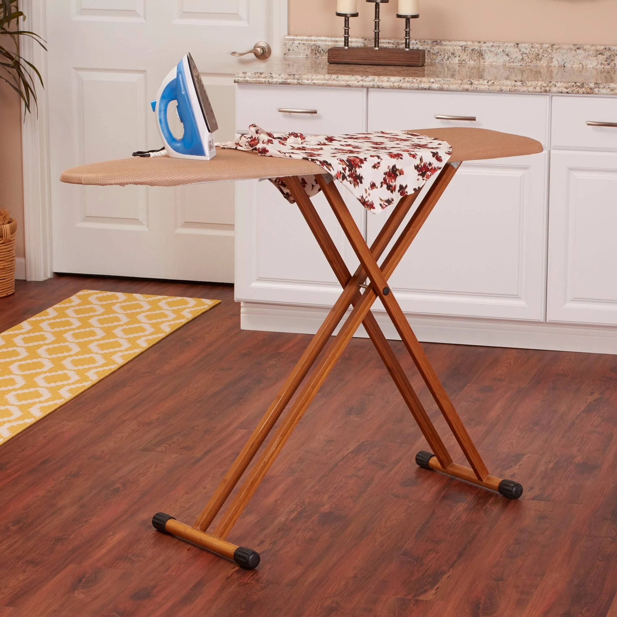 Household Essentials Steel Top Long Ironing Board with Bamboo Legs| Tan Cover | 14" x 54" Iron Surface