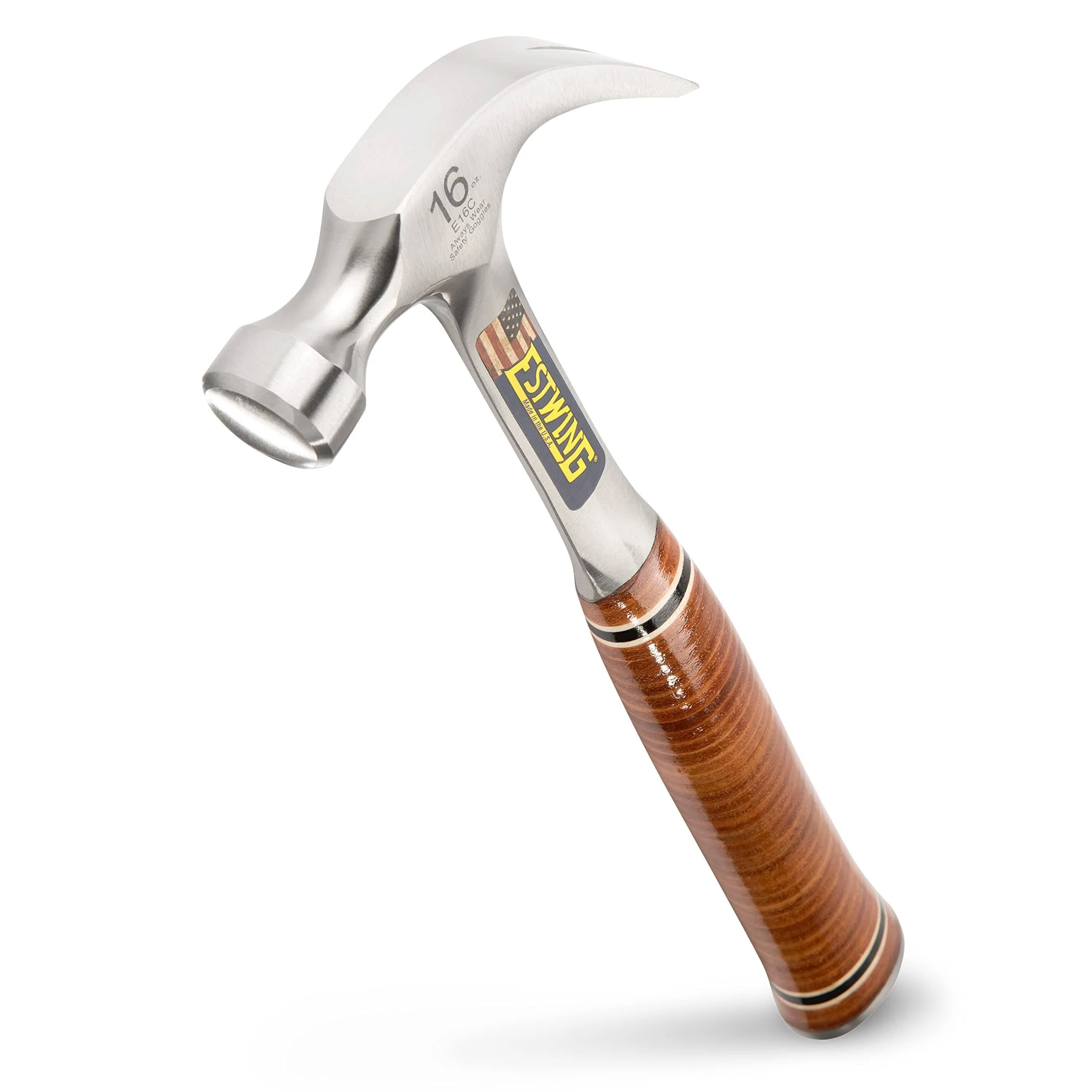 Hammer - 16 Oz Curved Claw with Smooth Face &amp; Genuine Leather Grip - E16C