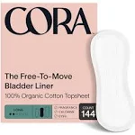 Cora Ultra Thin Organic Bladder Liners | Incontinence & Postpartum Pads for Women | Panty Liners for Bladder Leaks | Breathable Cotton (144 Long Liners)