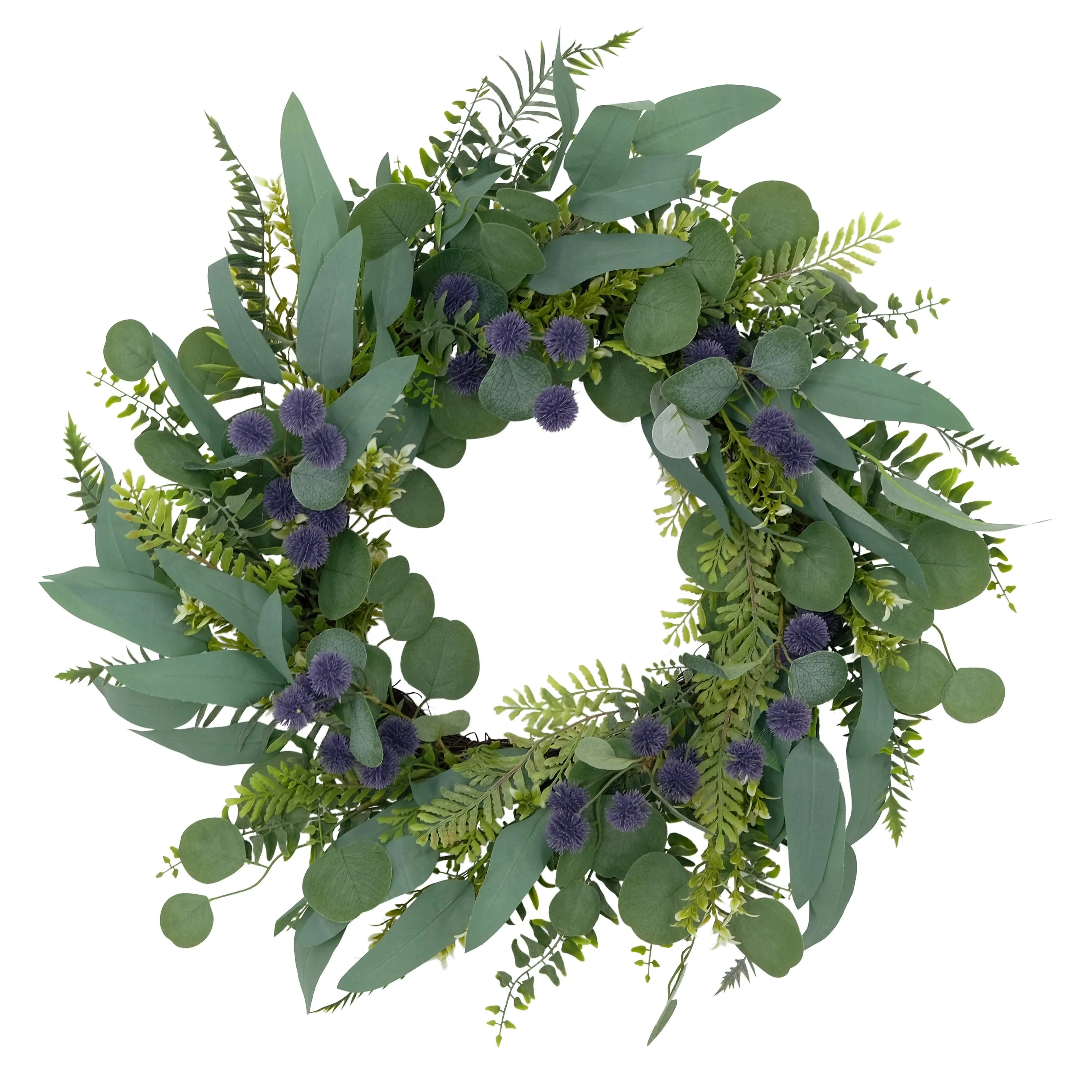 Puleo International 24" Artificial Echinops Floral Spring Door Wreath, Green/Purple