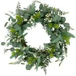 Puleo International 24" Artificial Eucalyptus Floral Spring Door Wreath, Green/White