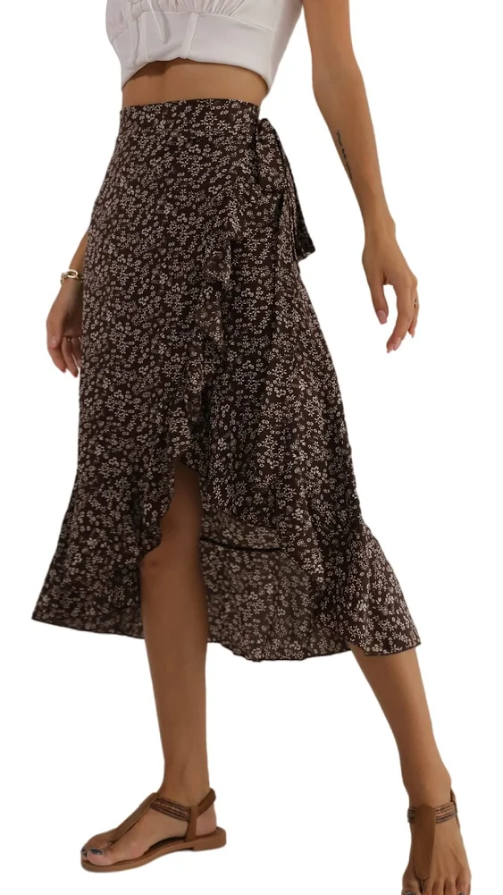 LYANER Women's Boho Floral Print Wrap Front Self Tie Knot Ruffle Hem Split Midi Skirt