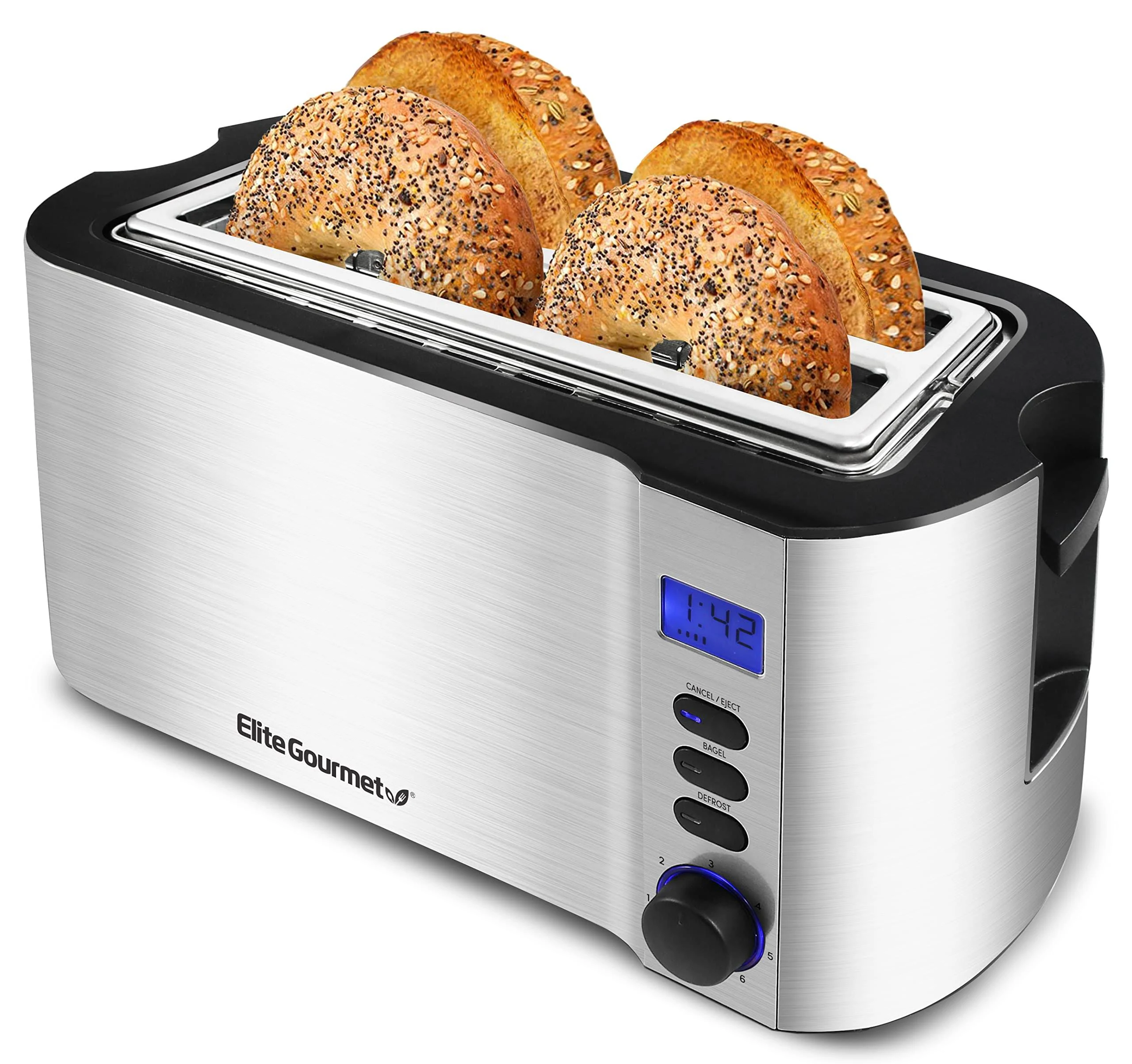 Elite Gourmet ECT118B Cool Touch Single Slice Toaster, 6 Toasting Levels & Wide Slot for Bagels, Waffles, Specialty Breads, Pastry, Snacks, Black, 1 Slice