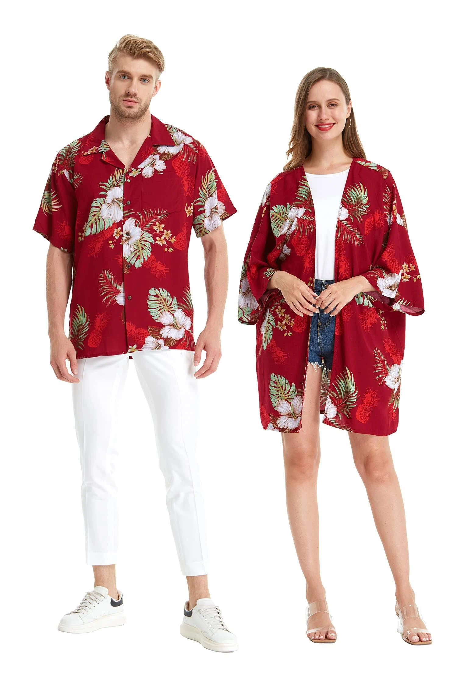 Matchable Couple Hawaiian Luau Shirt or Kimono in Midnight Bloom