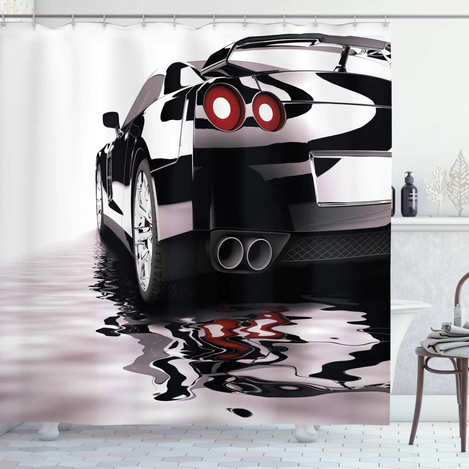 Ambesonne Cars Shower Curtain, Modern Dark Car Water Reflection Prestige Fast Engine Performance Lifestyle, Cloth Fabric Bathroom Decor Set with Hooks, 69" W x 84" L, Black Red White