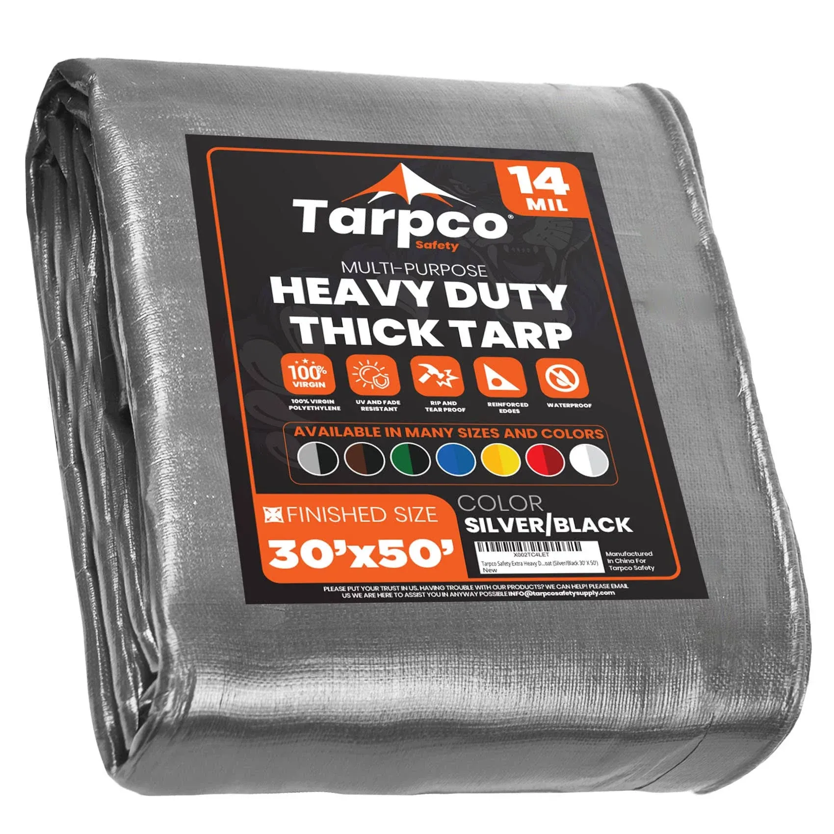 Tarpco Safety Extra Heavy Duty 14 Mil Tarp Cover, Waterproof, UV Resistant, Rip and Tear Proof, Poly Tarpaulin with Reinforced Edges for Roof, Camping, Patio, Pool, Boat (Silver/Black 30′ X 50′)