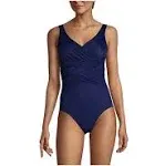 Women's Long SlenderSuit Tummy Control Chlorine Resistant Wrap One Piece Swimsuit - Lands' End - Blue - 6