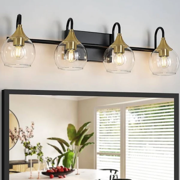 Black Gold Bathroom Light Fixtures, 4 Light Bathroom Vanity Lights Over Mirror, Mid Century Modern Vanity Light Brushed Gold Globe Bathoom Lighting Wall Sconces (Exclude Bulb)