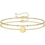 MONOZO Gold Initial Bracelets for Women, Dainty 14K Gold Filled Layered Beaded Letter Initial Bracelet Personalized 26 Alphabet Disc Monogram Charm Bracelet Jewelry Gifts for Her