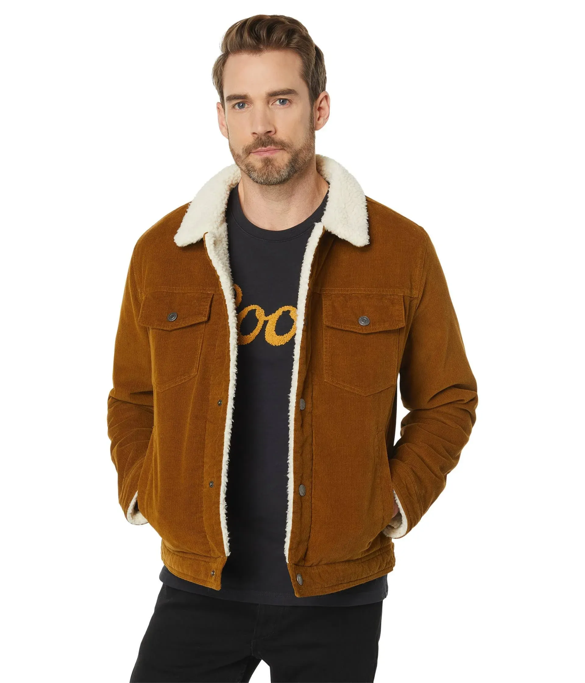 Lucky Brand Faux Shearling Lined Corduroy Trucker Jacket in Tan