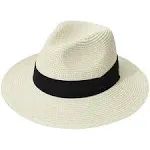 Lanzom Women Wide Brim Straw Panama Roll Up Hat Fedora Beach Sun Hat Upf50+ (Beige)