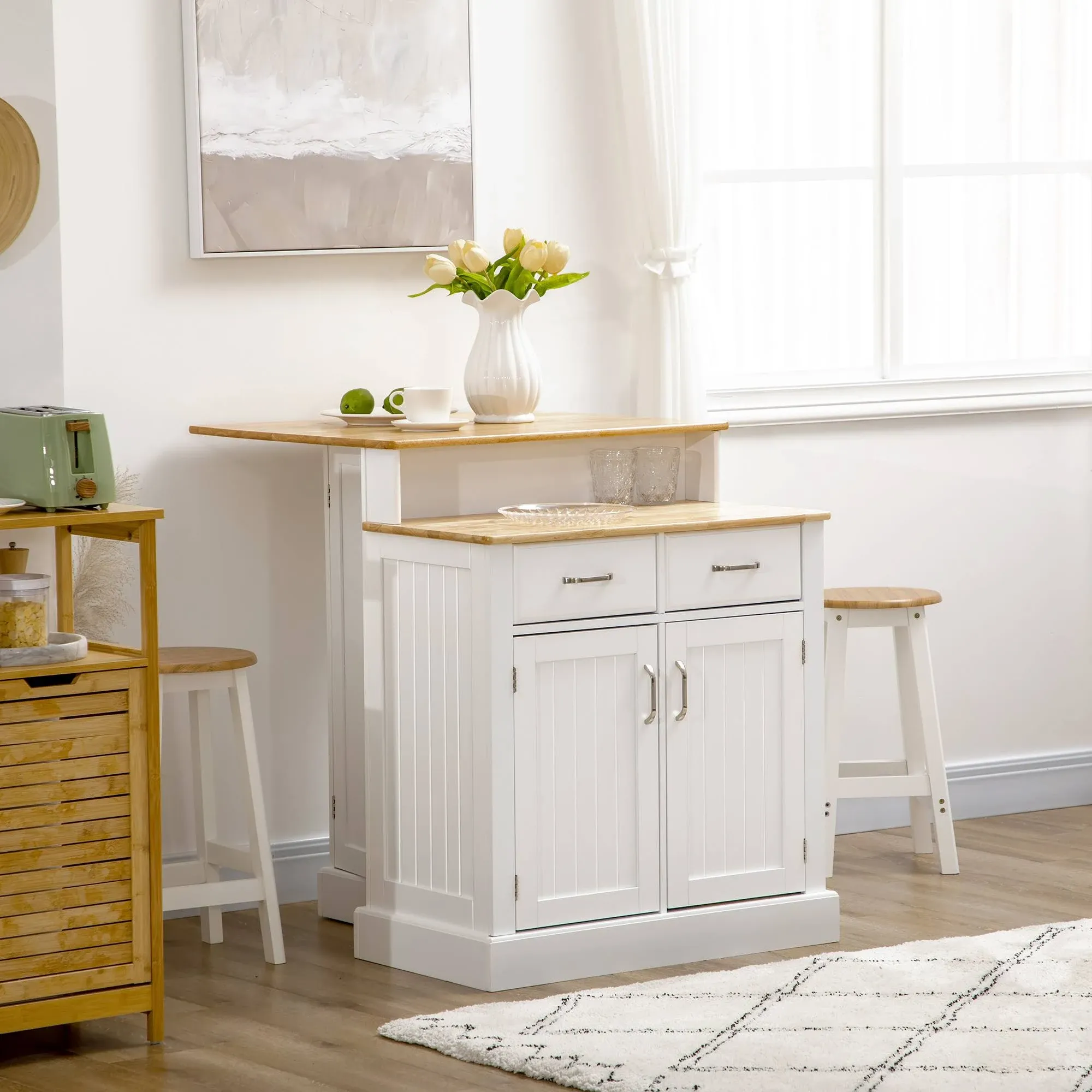 Homcom Kitchen Island with Storage Cabinet and 2-Level Rubber Wood Tabletop, Island Table with Adjustable Shelves and Drawers, White