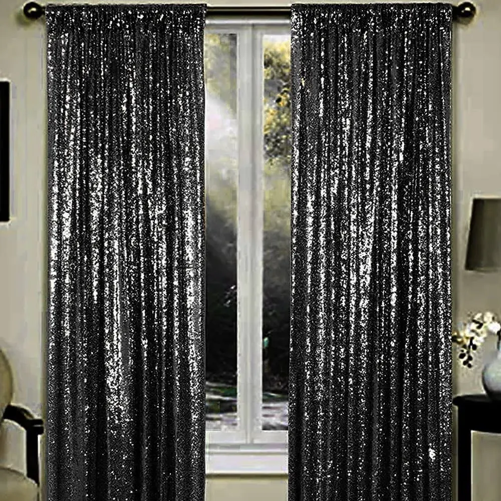 Black Sequin Backdrop Curtains 2 Panels 2FTx8FT Glitter Drapes Backdrop Spark...