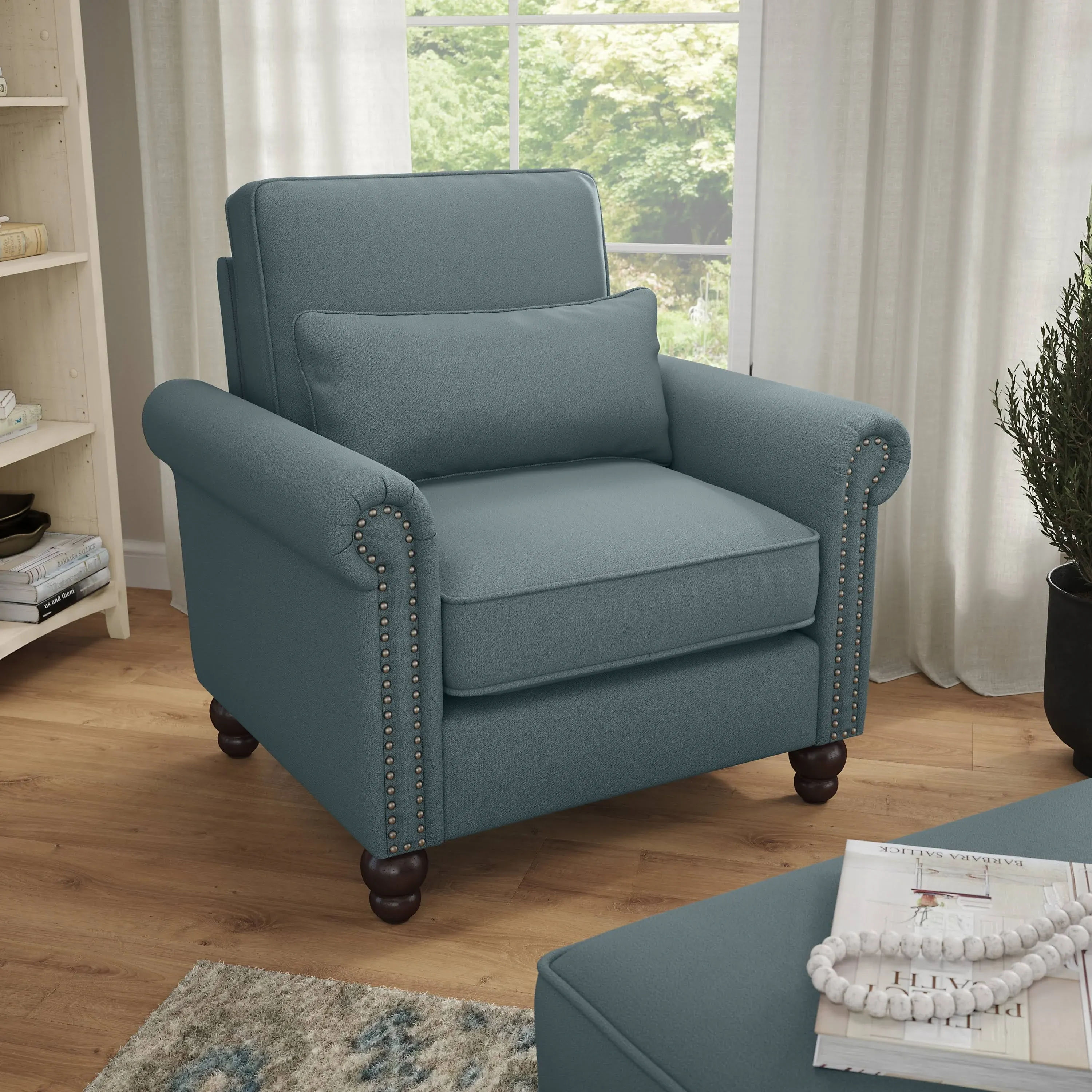 Bush Furniture Coventry Accent Chair with Arms, Turkish Blue Herringbone