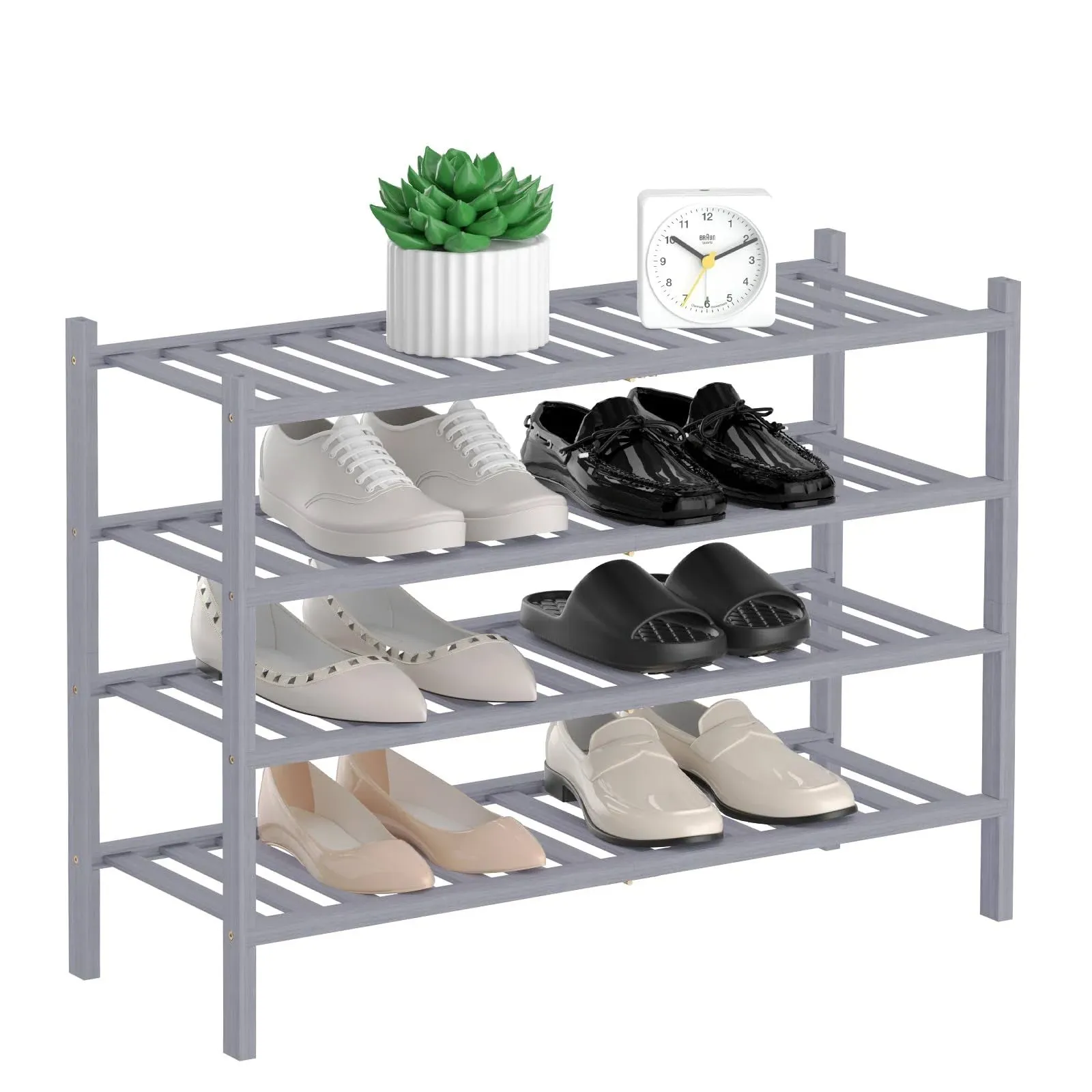 4-Tier Natural Bamboo Shoe Rack - Stackable Storage Shelf with Multi-Function<wbr/>...