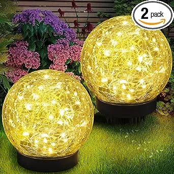 2-Pack Garden Solar Lights Outdoor, Cracked Glass Ball Light Waterproof,