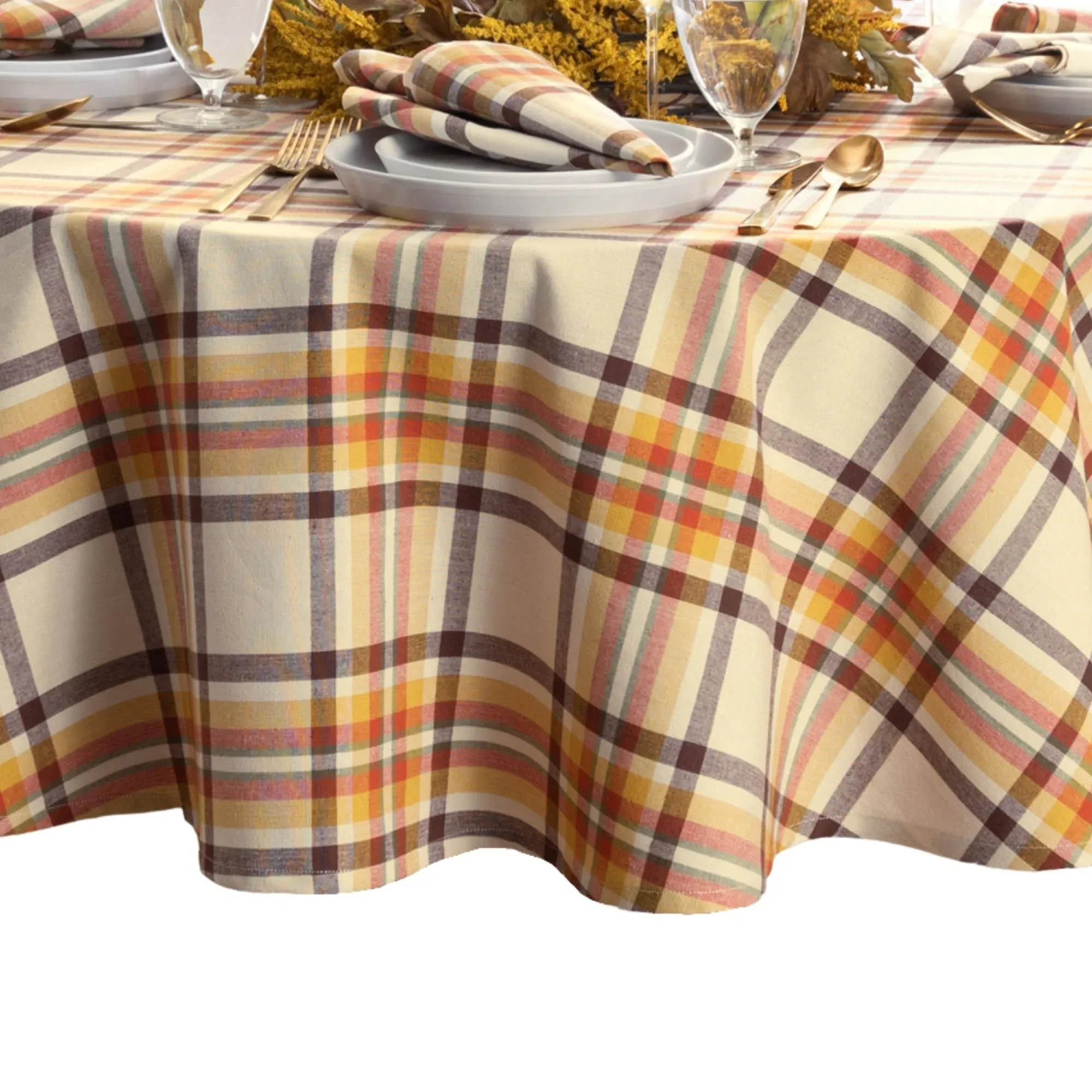 Elrene Home Fashions Russet Harvest Woven Plaid Cotton Tablecloth for Fall/Thanksgiving, 70" Round