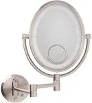 JERDON Wall Mounted Nickel Finish Makeup Mirror with LED Light – 10X-1X with 15X Spot Magnification - 8” by 10” Oval Design – Variable Lighting - 14” Extension – Power Cord and Plug - Model HL9515NL