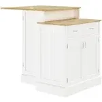 Homcom Kitchen Island with Storage Cabinet and 2-Level Rubber Wood Tabletop, Island Table with Adjustable Shelves and Drawers, White