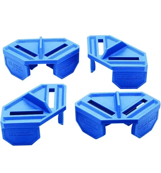 Rockler ¾” Quick Grip Corner Clamp Clips (Blue, 4 Pack) - Polypropylene 90 Degree Angle Clamps Clips - Corner Clamps for Woodworking to Lock Onto 3/4”