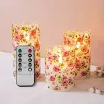 Red Floral Glass Flameless Candles With Remote Flickering Led Pillar Candles Bat