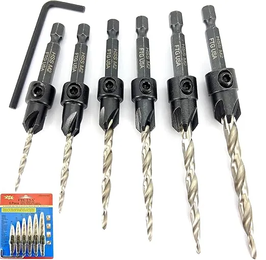 FTG USA Countersink Drill Bit Set 6 PC Countersink Drill Bit #4#6#8#10#12#14 Tapered Drill Bits for Woodworking with Improved Co